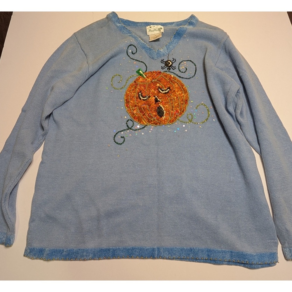 Quacker Factory Halloween Pumpkin Sequin Sweater Blue V-Neck Beaded XL Womens‎